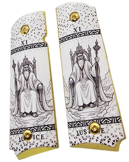 1911 Full Size Metal Grips – Justice Tarot Card Design with Ambi Cut & Screws, Gold Plated Base