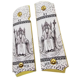 1911 Full Size Metal Grips – Justice Tarot Card Design with Ambi Cut & Screws, Gold Plated Base
