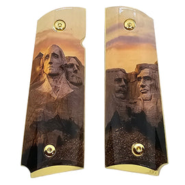 1911 Full Size Metal Grips – Mount Rushmore Design with Ambi Cut & Screws, Gold Plated Base