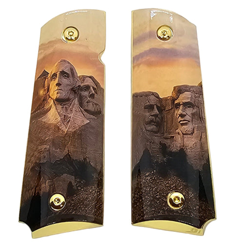 1911 Full Size Metal Grips – Mount Rushmore Design with Ambi Cut & Screws, Gold Plated Base