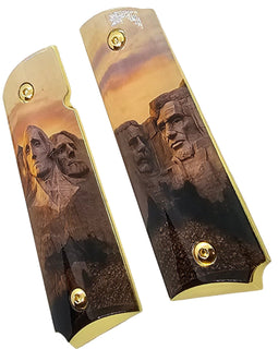 1911 Full Size Metal Grips – Mount Rushmore Design with Ambi Cut & Screws, Gold Plated Base