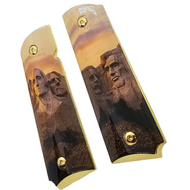 1911 Full Size Metal Grips – Mount Rushmore Design with Ambi Cut & Screws, Gold Plated Base