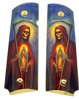 1911 Full Size Metal Grips – Santa Muerte Grim Reaper Design with Ambi Cut & Screws, Gold Plated Base