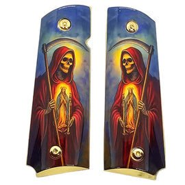 1911 Full Size Metal Grips – Santa Muerte Grim Reaper Design with Ambi Cut & Screws, Gold Plated Base