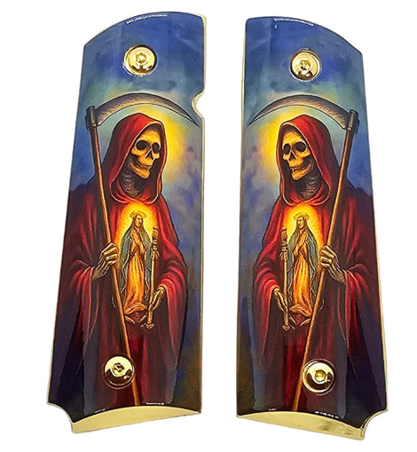1911 Full Size Metal Grips – Santa Muerte Grim Reaper Design with Ambi Cut & Screws, Gold Plated Base