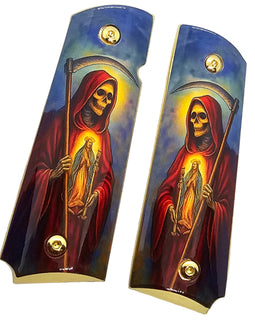 1911 Full Size Metal Grips – Santa Muerte Grim Reaper Design with Ambi Cut & Screws, Gold Plated Base