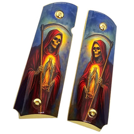 1911 Full Size Metal Grips – Santa Muerte Grim Reaper Design with Ambi Cut & Screws, Gold Plated Base