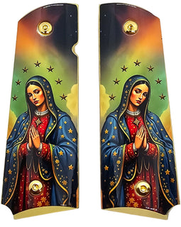 1911 Full Size Metal Grips – Virgin Mary Religious Design with Ambi Cut & Screws, Gold Plated Base
