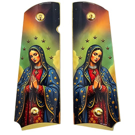 1911 Full Size Metal Grips – Virgin Mary Religious Design with Ambi Cut & Screws, Gold Plated Base