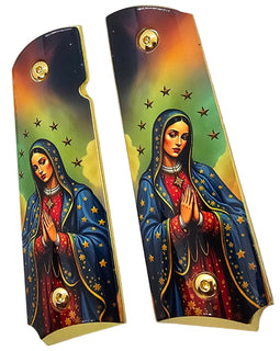 1911 Full Size Metal Grips – Virgin Mary Religious Design with Ambi Cut & Screws, Gold Plated Base