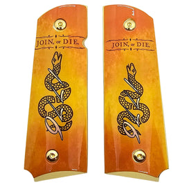 1911 Full Size Metal Grips – “Join, or Die” Snake Design with Ambi Cut & Screws, Gold Plated Base