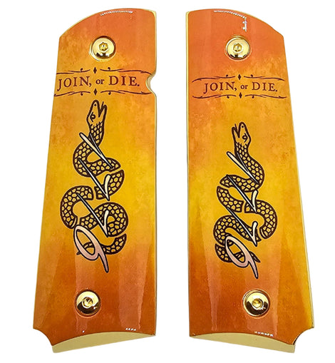 1911 Full Size Metal Grips – “Join, or Die” Snake Design with Ambi Cut & Screws, Gold Plated Base
