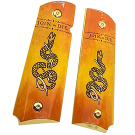 1911 Full Size Metal Grips – “Join, or Die” Snake Design with Ambi Cut & Screws, Gold Plated Base