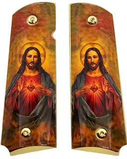 1911 Full Size Metal Grips – Sacred Heart of Jesus Religious Design with Ambi Cut & Screws, Gold Plated Base