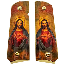 1911 Full Size Metal Grips – Sacred Heart of Jesus Religious Design with Ambi Cut & Screws, Gold Plated Base