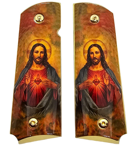 1911 Full Size Metal Grips – Sacred Heart of Jesus Religious Design with Ambi Cut & Screws, Gold Plated Base