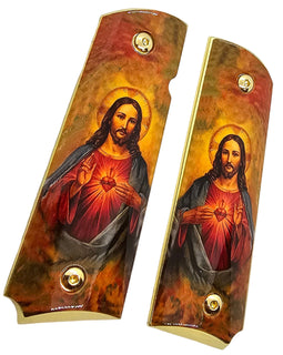 1911 Full Size Metal Grips – Sacred Heart of Jesus Religious Design with Ambi Cut & Screws, Gold Plated Base