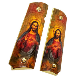 1911 Full Size Metal Grips – Sacred Heart of Jesus Religious Design with Ambi Cut & Screws, Gold Plated Base