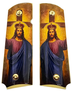 1911 Full Size Metal Grips – Christ the King Religious Design with Ambi Cut & Screws, Gold Plated Base