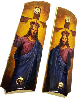 1911 Full Size Metal Grips – Christ the King Religious Design with Ambi Cut & Screws, Gold Plated Base