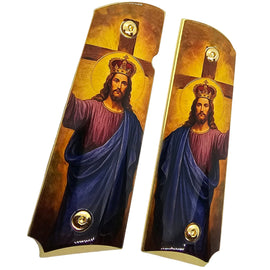 1911 Full Size Metal Grips – Christ the King Religious Design with Ambi Cut & Screws, Gold Plated Base