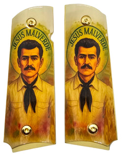1911 Full Size Metal Grips – Jesús Malverde Cultural Design with Ambi Cut & Screws, Gold Plated Base