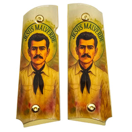 1911 Full Size Metal Grips – Jesús Malverde Cultural Design with Ambi Cut & Screws, Gold Plated Base