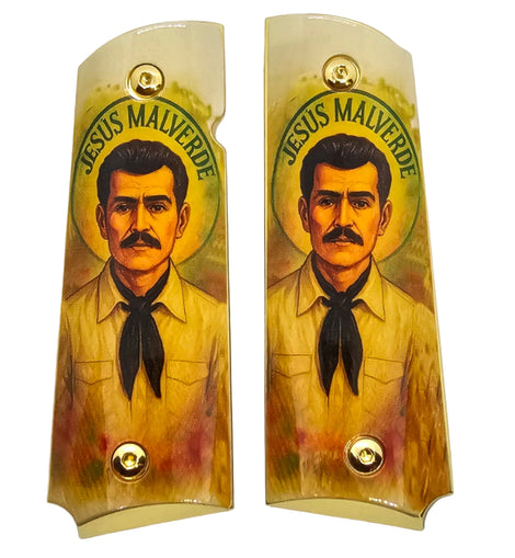 1911 Full Size Metal Grips – Jesús Malverde Cultural Design with Ambi Cut & Screws, Gold Plated Base