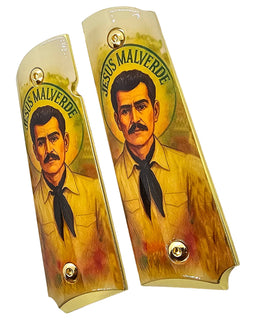 1911 Full Size Metal Grips – Jesús Malverde Cultural Design with Ambi Cut & Screws, Gold Plated Base