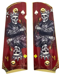 1911 Full Size Metal Grips – Skeleton King Playing Card Design with Ambi Cut & Screws, Gold Plated Base