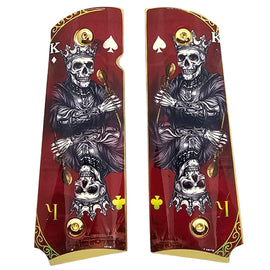 1911 Full Size Metal Grips – Skeleton King Playing Card Design with Ambi Cut & Screws, Gold Plated Base