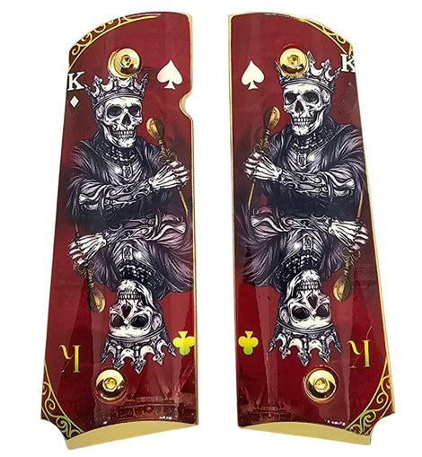 1911 Full Size Metal Grips – Skeleton King Playing Card Design with Ambi Cut & Screws, Gold Plated Base