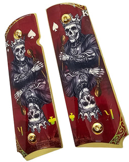 1911 Full Size Metal Grips – Skeleton King Playing Card Design with Ambi Cut & Screws, Gold Plated Base
