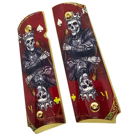 1911 Full Size Metal Grips – Skeleton King Playing Card Design with Ambi Cut & Screws, Gold Plated Base