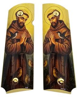 1911 Full Size Metal Grips – Saint Francis of Assisi Religious Design with Ambi Cut & Screws, Gold Plated Base