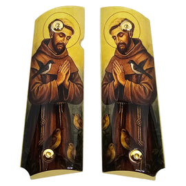 1911 Full Size Metal Grips – Saint Francis of Assisi Religious Design with Ambi Cut & Screws, Gold Plated Base