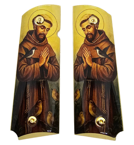 1911 Full Size Metal Grips – Saint Francis of Assisi Religious Design with Ambi Cut & Screws, Gold Plated Base