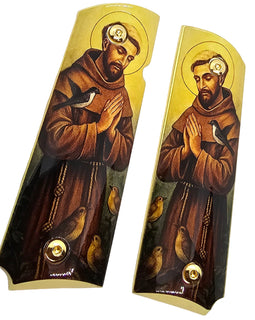 1911 Full Size Metal Grips – Saint Francis of Assisi Religious Design with Ambi Cut & Screws, Gold Plated Base
