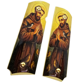 1911 Full Size Metal Grips – Saint Francis of Assisi Religious Design with Ambi Cut & Screws, Gold Plated Base