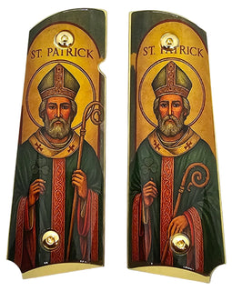 1911 Full Size Metal Grips – Saint Patrick Religious Design with Ambi Cut & Screws, Gold Plated Base