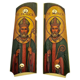 1911 Full Size Metal Grips – Saint Patrick Religious Design with Ambi Cut & Screws, Gold Plated Base