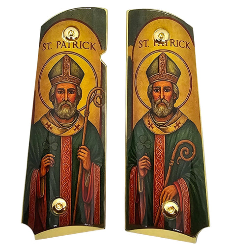 1911 Full Size Metal Grips – Saint Patrick Religious Design with Ambi Cut & Screws, Gold Plated Base