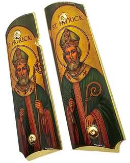 1911 Full Size Metal Grips – Saint Patrick Religious Design with Ambi Cut & Screws, Gold Plated Base