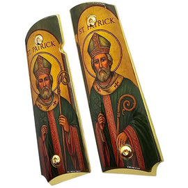 1911 Full Size Metal Grips – Saint Patrick Religious Design with Ambi Cut & Screws, Gold Plated Base