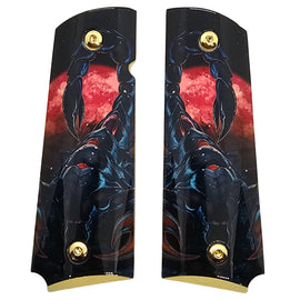 1911 Full Size Metal Grips – Scorpion & Blood Moon Design – Ambi Cut – Polished Gold Finish
