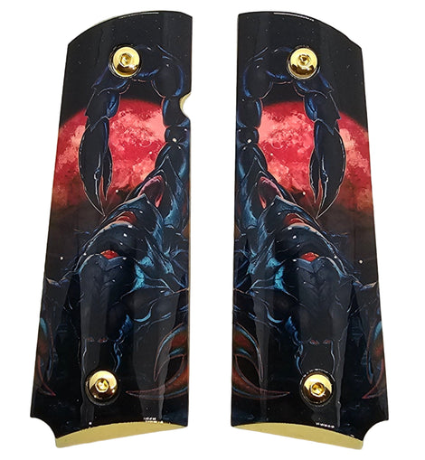 1911 Full Size Metal Grips – Scorpion & Blood Moon Design – Ambi Cut – Polished Gold Finish