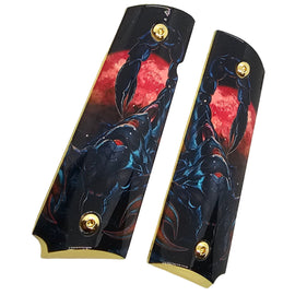 1911 Full Size Metal Grips – Scorpion & Blood Moon Design – Ambi Cut – Polished Gold Finish
