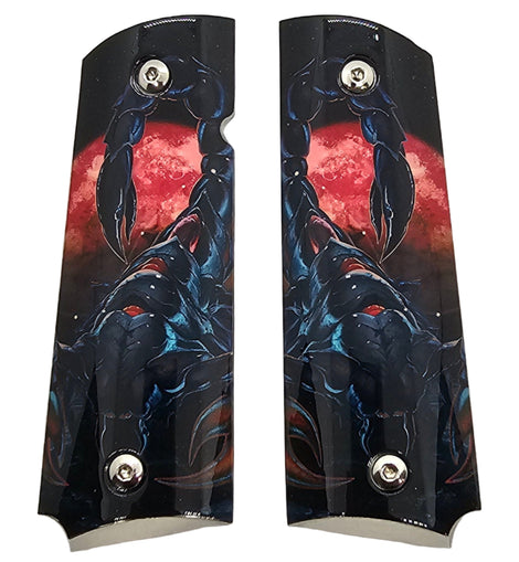 1911 Full Size Metal Grips – Scorpion & Blood Moon Design – Ambi Cut – Polished Nickel Finish (Copy)