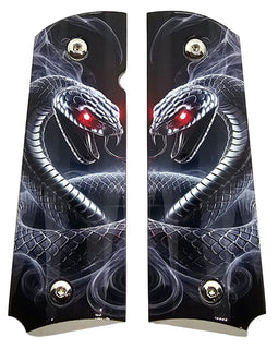 1911 Full Size Metal Grips – Dual Cobra Snake Design – Ambi Cut – Polished Nickel Finish with Red Eyes