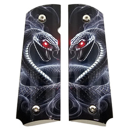 1911 Full Size Metal Grips – Dual Cobra Snake Design – Ambi Cut – Polished Nickel Finish with Red Eyes